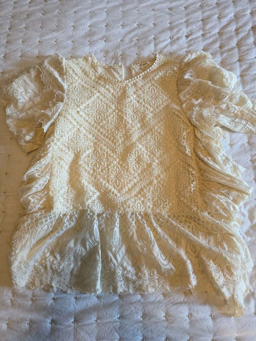 Ultra Pink Women's Ivory Lace Peplum Blouse with Puff Sleeves